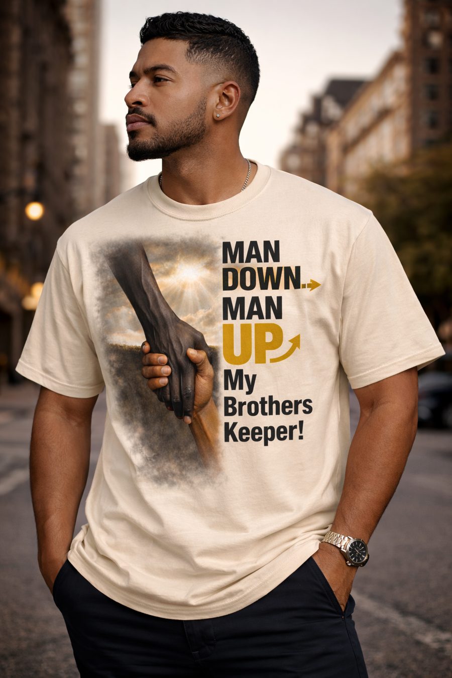 Man Down Man Up My Brothers Keeper statement tee
